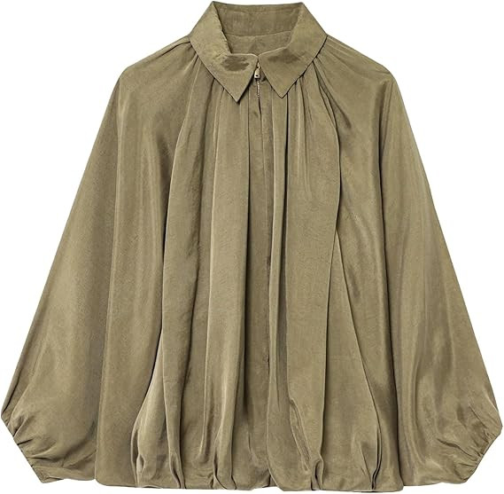 Womens Puffed Bomber Jacket Casual Batwing Sleeve Lapel Collar Zip Shirts Oversized Pleated Stree... | Amazon (US)