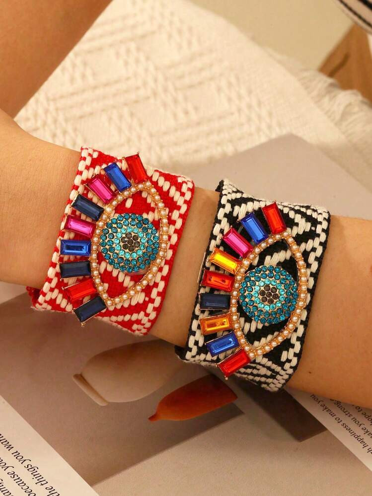 1pc Creative Fashion Metal Eye Rhinestone Random Color Woven Tassel Adjustable Bracelet For Men &... | SHEIN