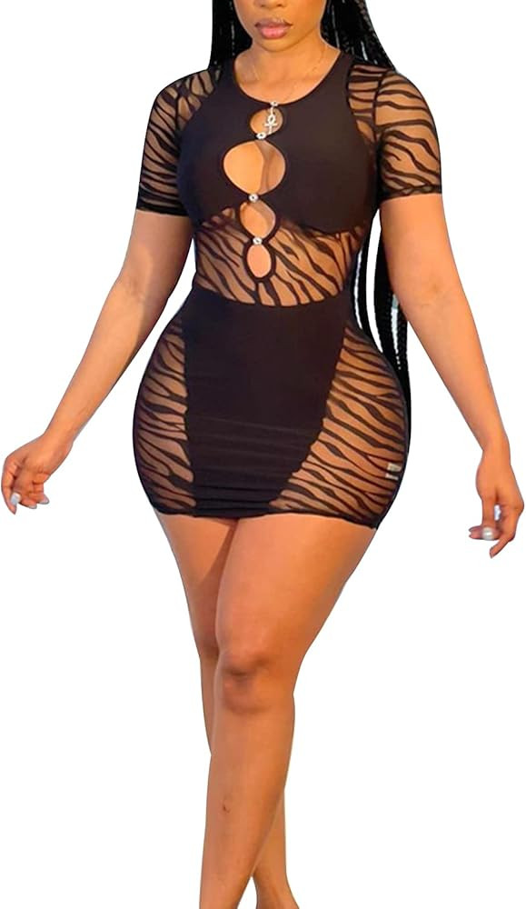 Women´s Sexy Hollow Out Dress Solid Color Short Sleeve Bodycon Mesh Patchwork See Through Mini D... | Amazon (US)
