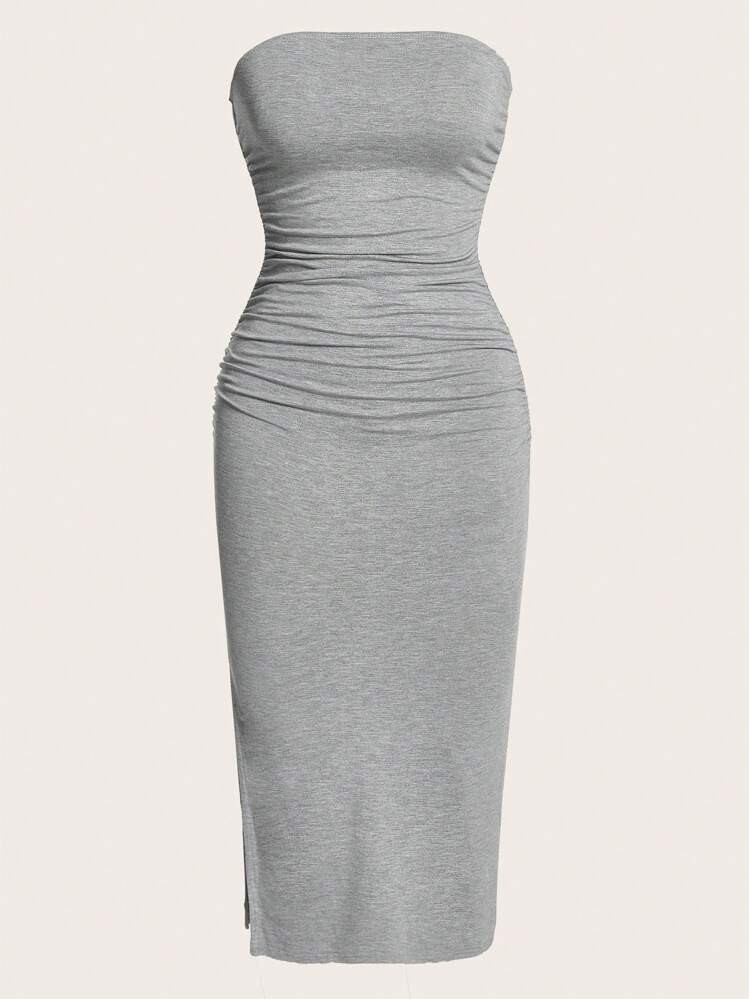SHEIN MOD Solid Ruched Split Thigh Tube Dress | SHEIN