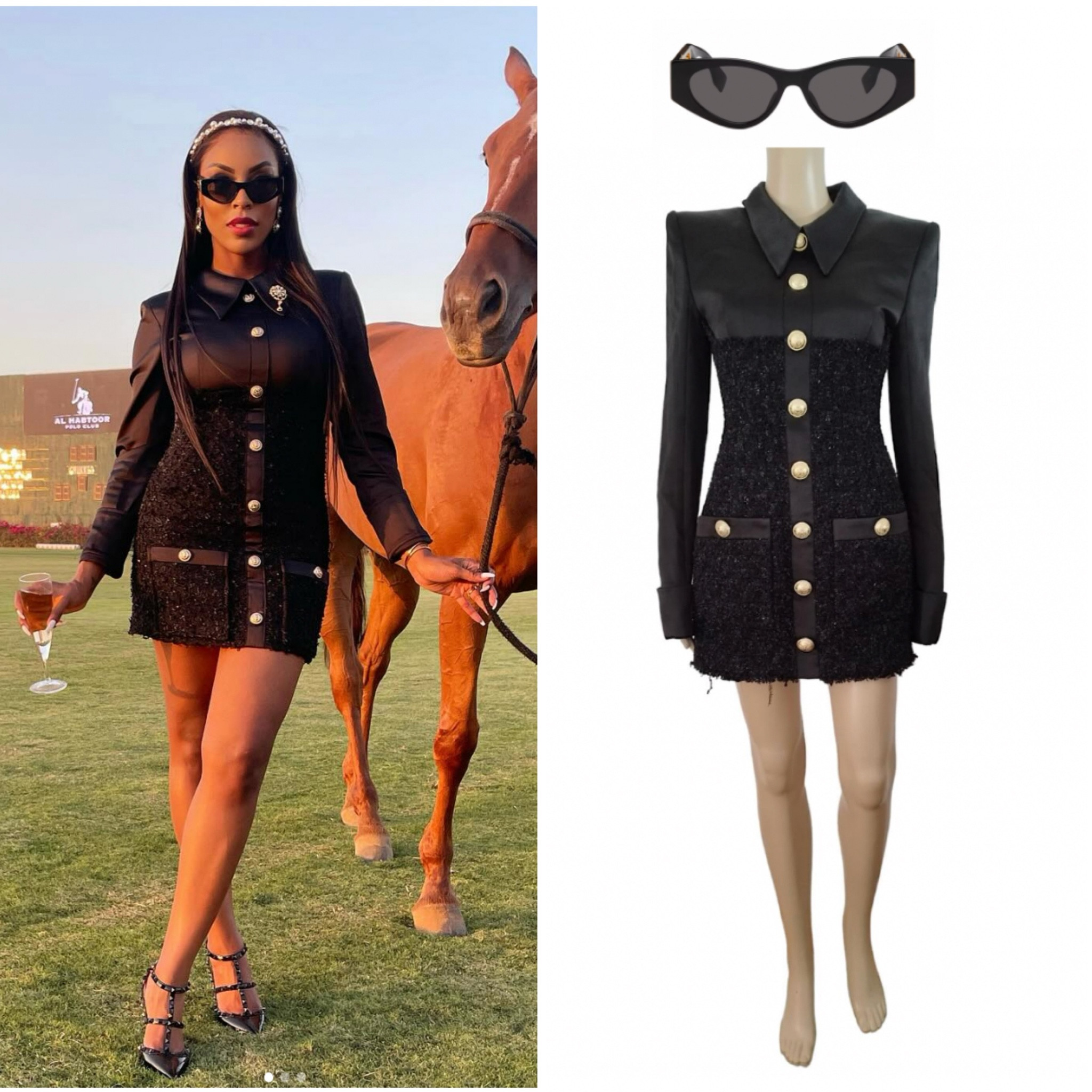 Caroline Brooks’ Black Tweed and Satin Dress is by Balmain 📸 = @carolinebrooks