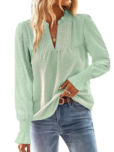 Falechay Boho Tops for Women V Neck Blouses Flowy Swiss Dot Dressy Casual Lace Womens Long Sleeve... | Amazon (US)