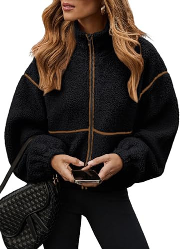 Dokotoo Women Jacket Fleece 2025 Casual Long Sleeve Zipper Up Jackets Thick Fuzzy Lapel Collar Fleece Shacket Jacket with Pockets Black Outerwear XX-Large | Amazon (US)