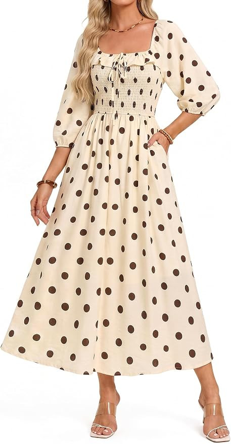 Kate Kasin Womens Summer Casual Polka Dot Dress 3/4 Sleeve Boho Maxi Dress | Stretchy Smocked Squ... | Amazon (US)