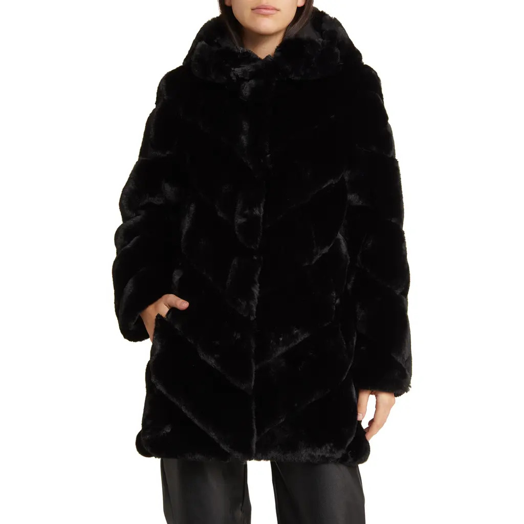 bcbg Chevron Faux Fur Hooded Jacket in Black at Nordstrom, Size X-Small | Nordstrom