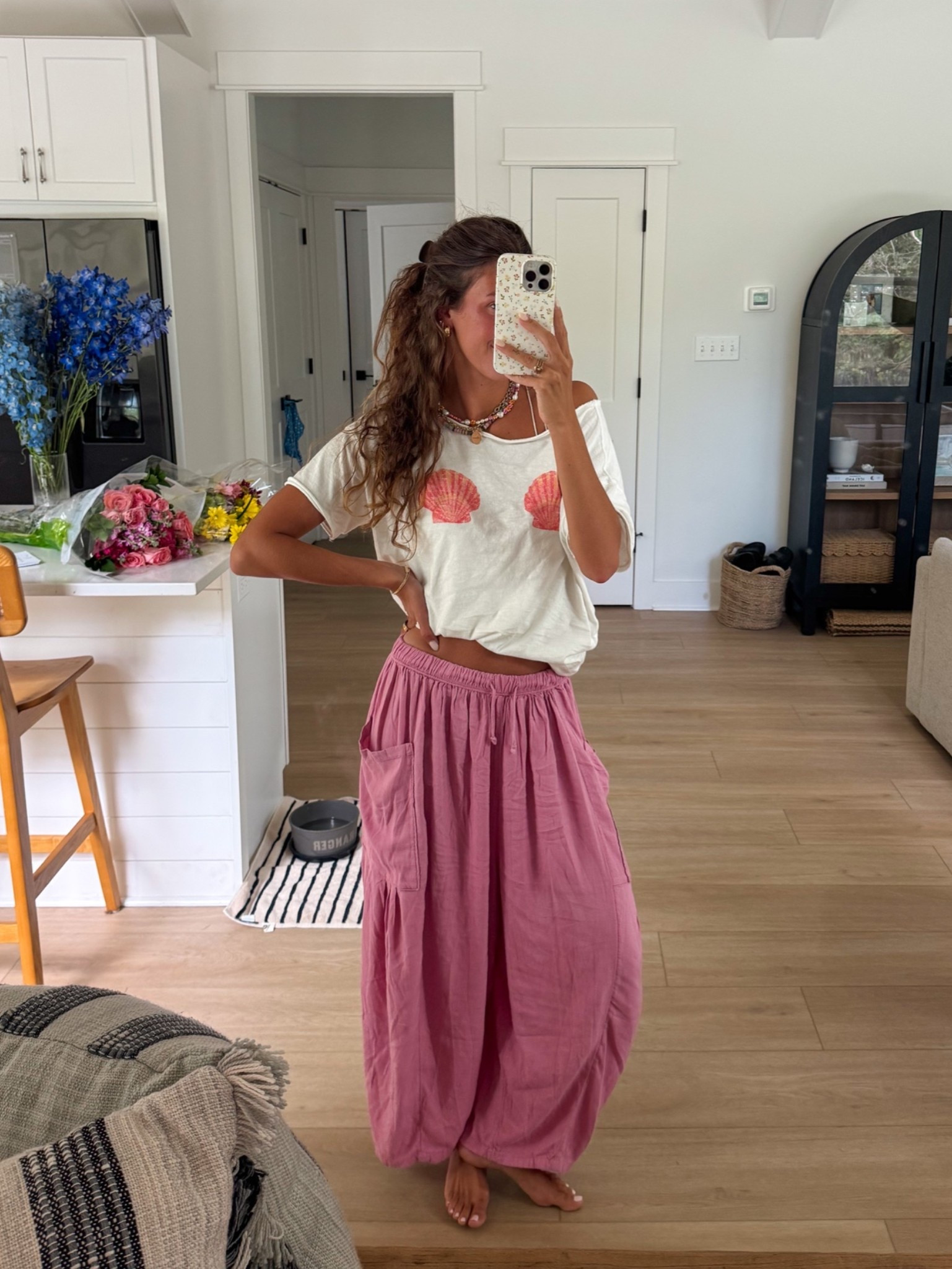 casual summer ootd💖 

beach outfit inspo, beach vacation look, beach girl style, coastal look, flowy pants, beach pants, seashell top, slouchy off the shoulder tee, balloon pants, low rise pants, free people finds, aerie finds, travel outfit

#LTKootd #LTKTravel #LTKSeasonal