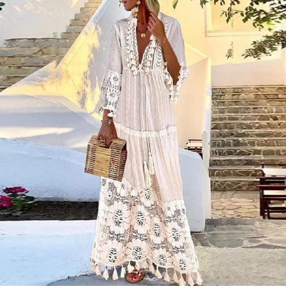 Akivide Summer Boho Lace Maxi Dress for Women Loose V Neck 3/4 Sleeve Tassel Beach Dress Swing Flowy Long Dress | Amazon (US)