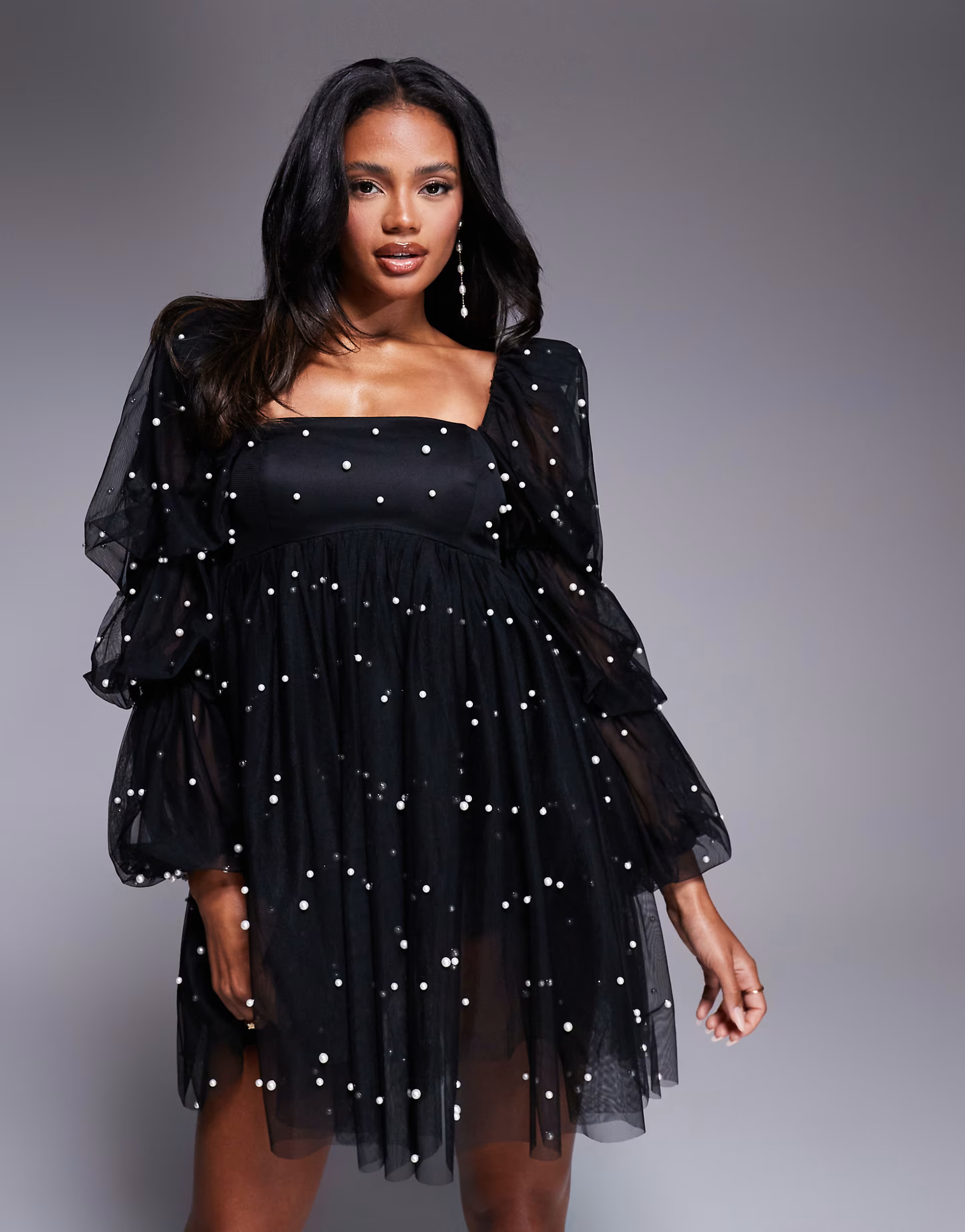 ASOS LUXE tulle baby doll dress with pearl embellishment in black | ASOS (Global)