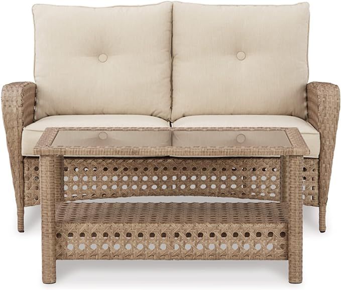 Signature Design by Ashley Braylee Outdoor 2 Piece Patio Driftwood Resin Wicker Cushioned Lovesea... | Amazon (US)