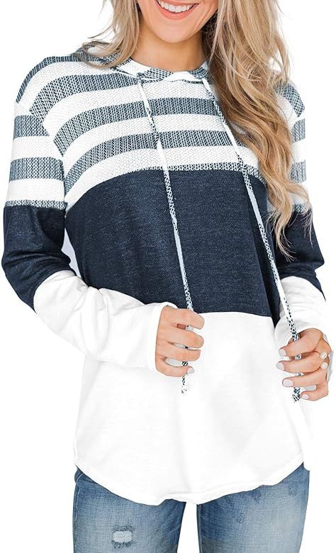 Women Casual Hoodies Sweatshirt Lightweight Striped & Color Block Drawstring Long Sleeve Relaxed ... | Amazon (US)