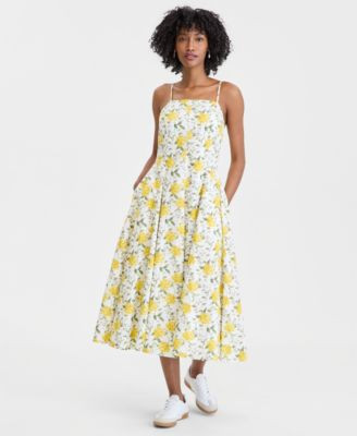 On 34th Women's Square-Neck Seamed Fit & Flare Midi Dress, Macy's Exclusive - White Blue Combo | Macy's