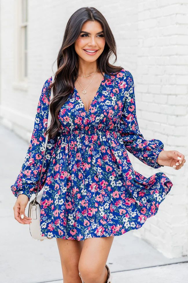 A Better View Blue Floral Long Sleeve Smocked Waist Mini Dress | Pink Lily