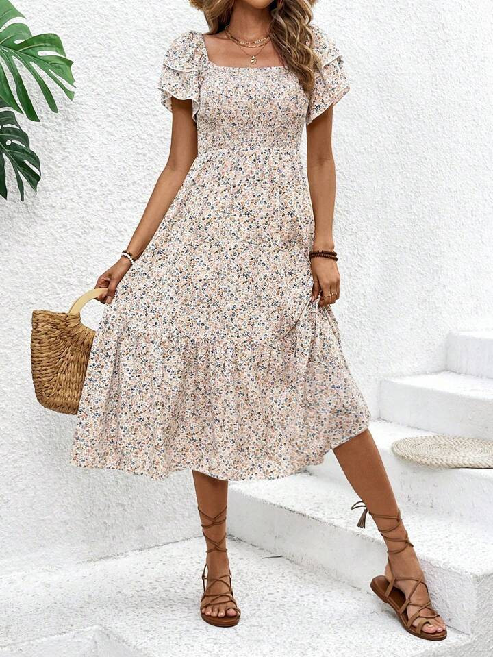 SHEIN VCAY Women's Floral Plunging Neckline Ruffle Short Sleeve Dress | SHEIN