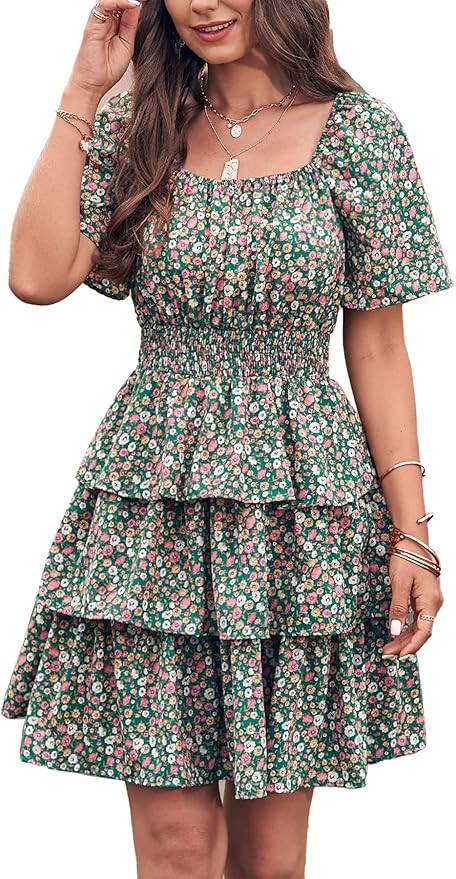 PRETTYGARDEN Women's 2026 Floral Summer Short Dress Square Neck Short Sleeve Tiered Ruffle Boho S... | Amazon (US)