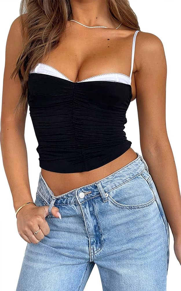 Women Sexy Y2k Double Lined Shelf Bra Tank Top Dressy Crop Corset Camisole Top with Built in Bra for Date Night Club | Amazon (US)