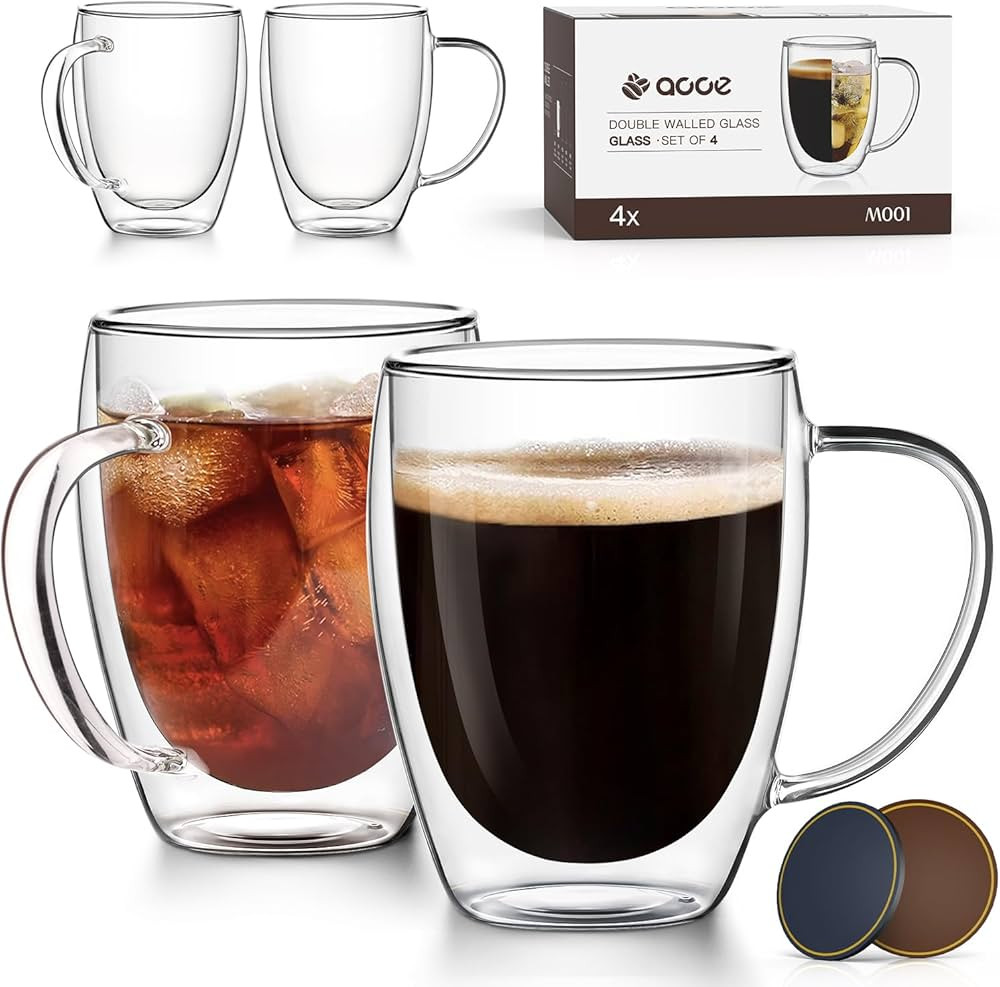 Double Wall Glass Goffee Mugs 12.5oz, Clear Glass Coffee Mugs Set of 4, Insulated Glass Coffee Mu... | Amazon (US)