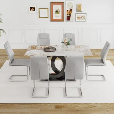 Modern Marble Dining Set With Oc-shaped Legs And 6 Light Gray Pu Chairs – Stylish & Comfortable For Kitchen & Dining Room | Wayfair North America