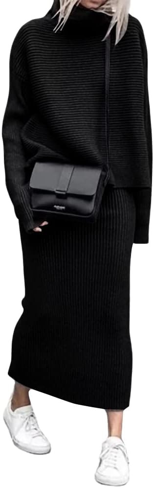 chouyatou Women's Turtleneck 2 Piece Outfits Ribbed Knit Sweater Midi Pencil Skirt Set | Amazon (US)