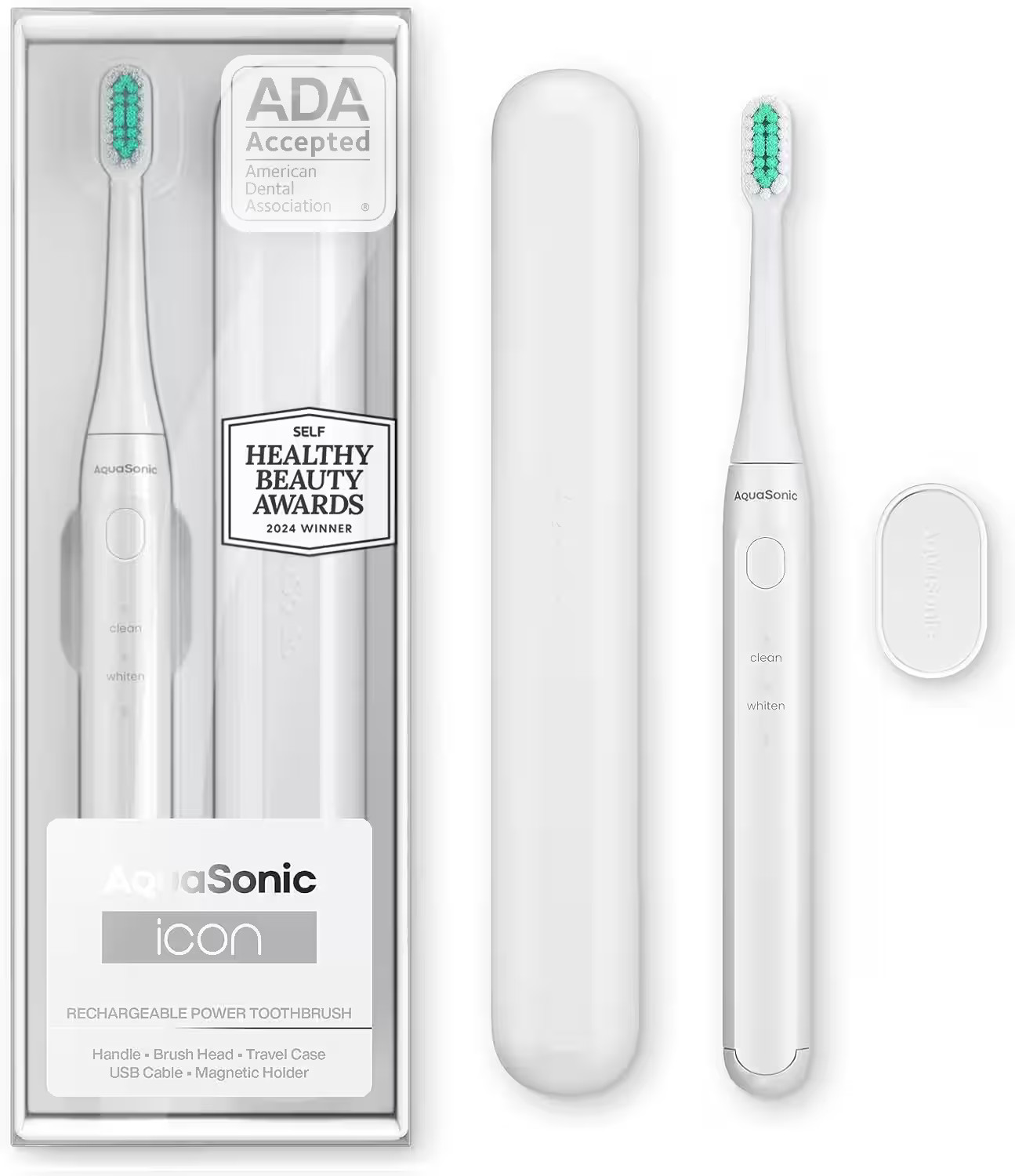 AquaSonic - Icon ADA-Accepted Rechargeable Toothbrush- Magnetic Holder & Slim Travel Case - 2 Brushing Modes & Smart Timers - White | Best Buy U.S.