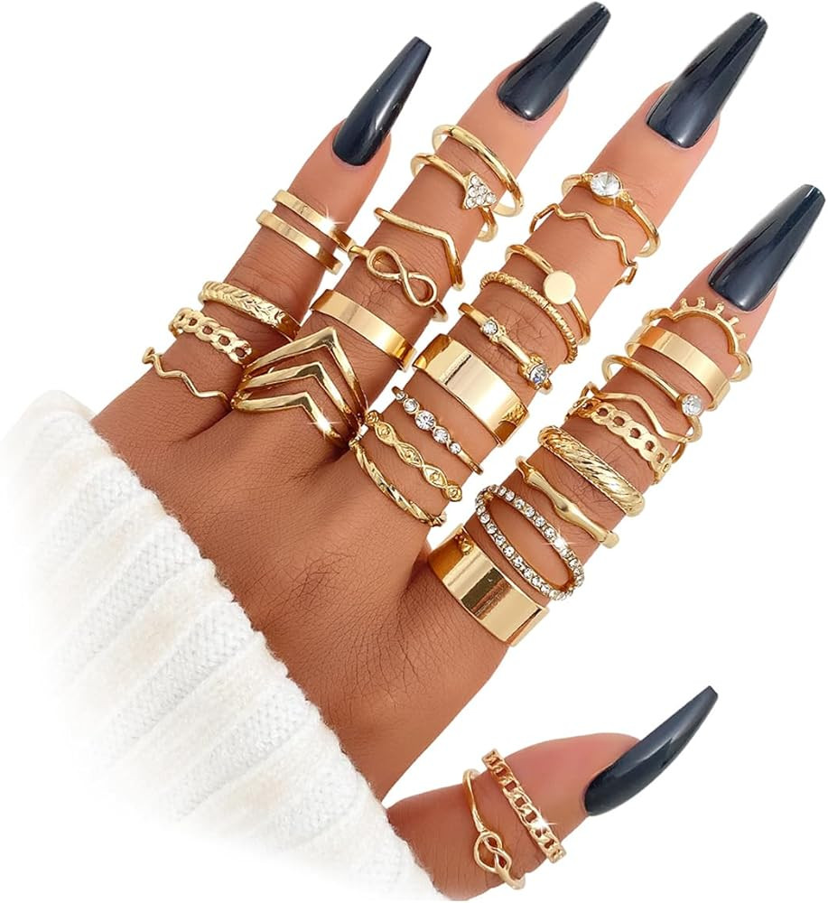 Gold Knuckle Rings Set for Women, 14k Gold Plated Open Stacking Knuckle Midi Rings Dainty Cubic Zirconia Crystal Simple Hollow Cute Rings Pack Jewelry Gifte | Amazon (US)