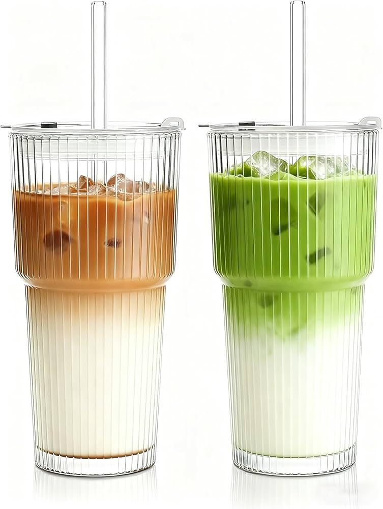 Haundry 20 oz Ribbed Glass Tumbler with Lids and Straws, 2 Pack Iced Coffee Cups, Thickened Glass... | Amazon (US)