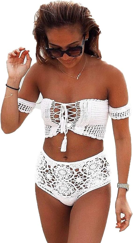 Sexy Bikini Hand Crochet High Waist Swimsuit Off Shoulder Swimwear Bathing Suit | Amazon (US)