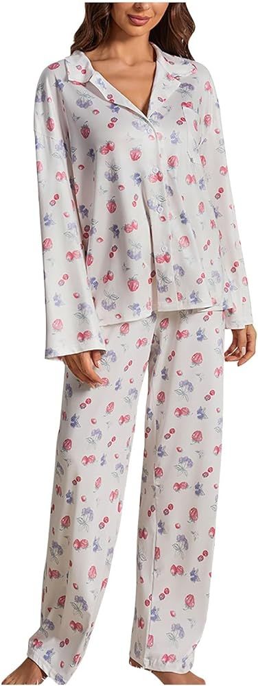 Women's Pajamas Set 2 Piece Sets Long Sleeve Fruit Print Button Shirt Tops with Full Length Pants... | Amazon (US)