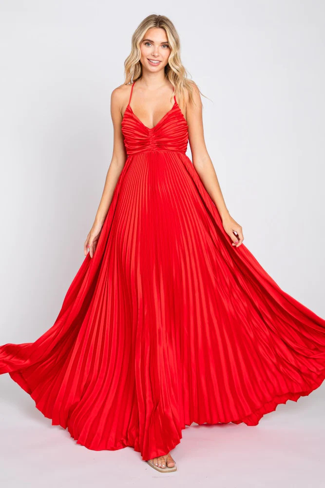 Red Satin Pleated Cutout Gown | PinkBlush Maternity