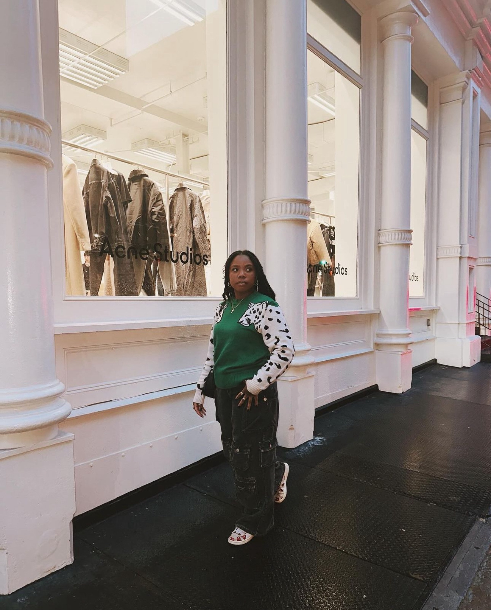 A day in the city. I’m obsessed with this new sweater I ordered from SHEIN it adds so much character to a look without having to do anything extra. The green is such a vibe! 

I paired it with my FashionNova cargo pants and my CDG  

#LTKSeasonal #LTKmidsize #LTKsalealert