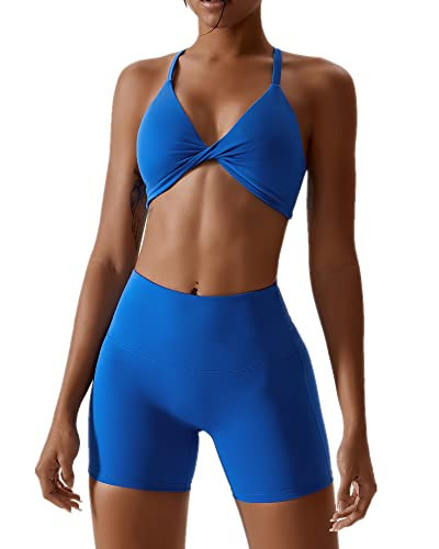 ABOCIW Workout Sets for Women 2 Piece Yoga Outfits Twist Front Halter Sports Bras Tummy Control High Waist Booty Biker Shorts Exercise Gym Sets for Women Blue Medium | Amazon (US)