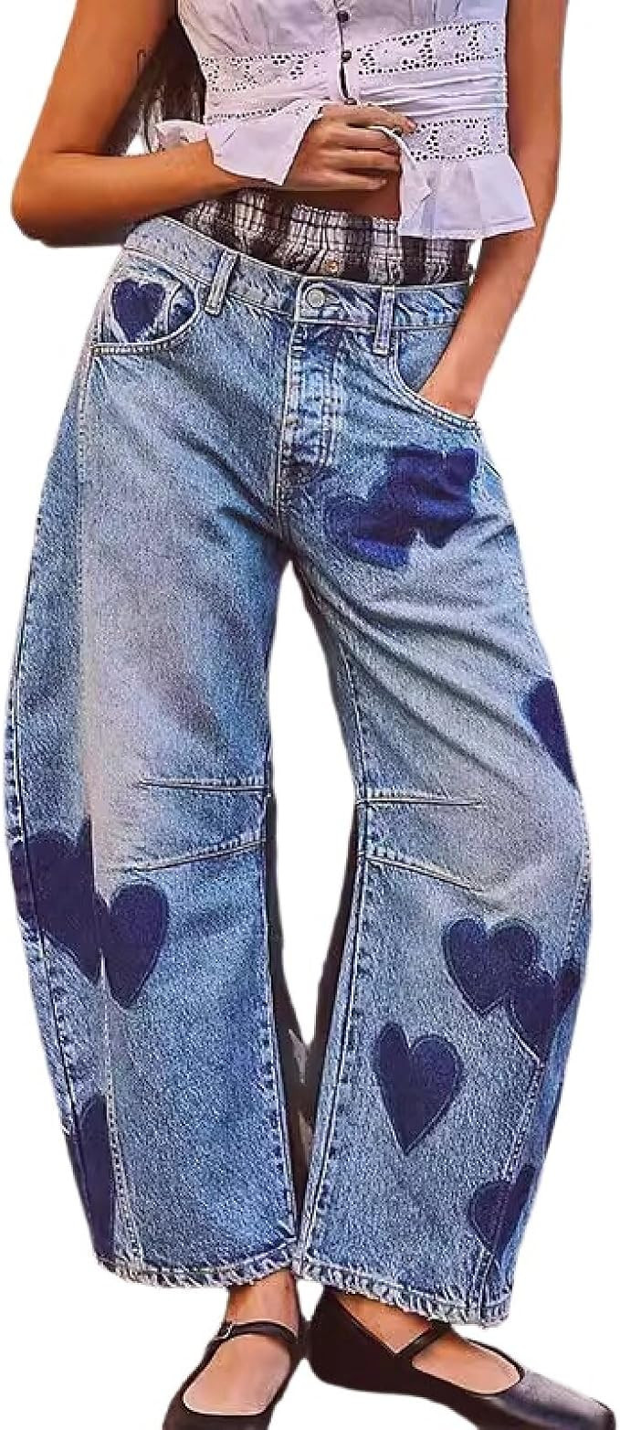 Y2K Barrel Jeans Women Wide Leg Jeans Baggy Distressed Printed Boyfriend Horseshoe Jeans Denim Pa... | Amazon (US)