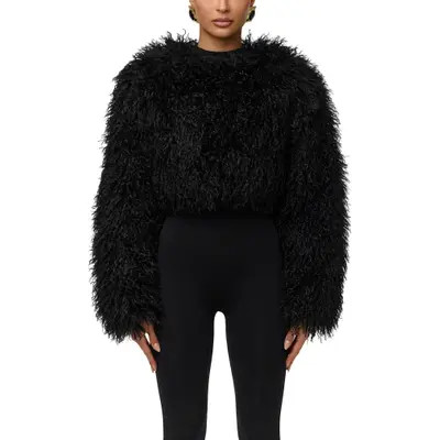 Naked Wardrobe Faux Fur Plush Cropped Jacket in Black at Nordstrom, Size Large | Nordstrom