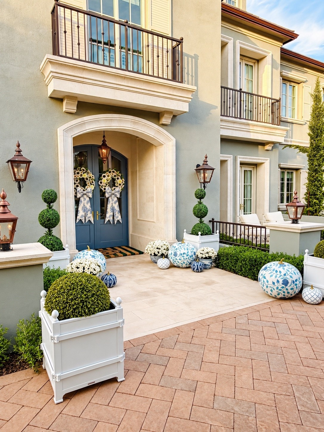 Fall porch decor blue and white pumpkins and faux boxwood topiaries

#LTKHome #LTKSeasonal