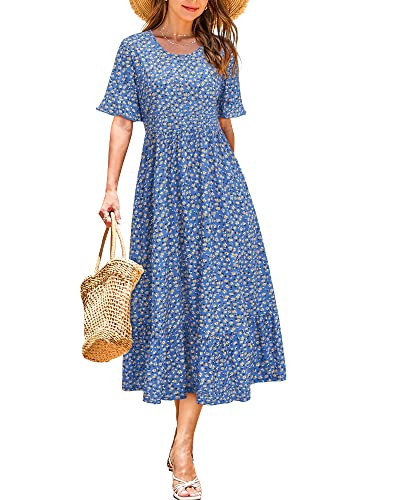 STYLEWORD Summer Dresses for Women 2024 Casual Short Sleeve Crewneck Midi Boho Sundress Flowy Spring Dress Pockets(Floral09,L) | Amazon (US)