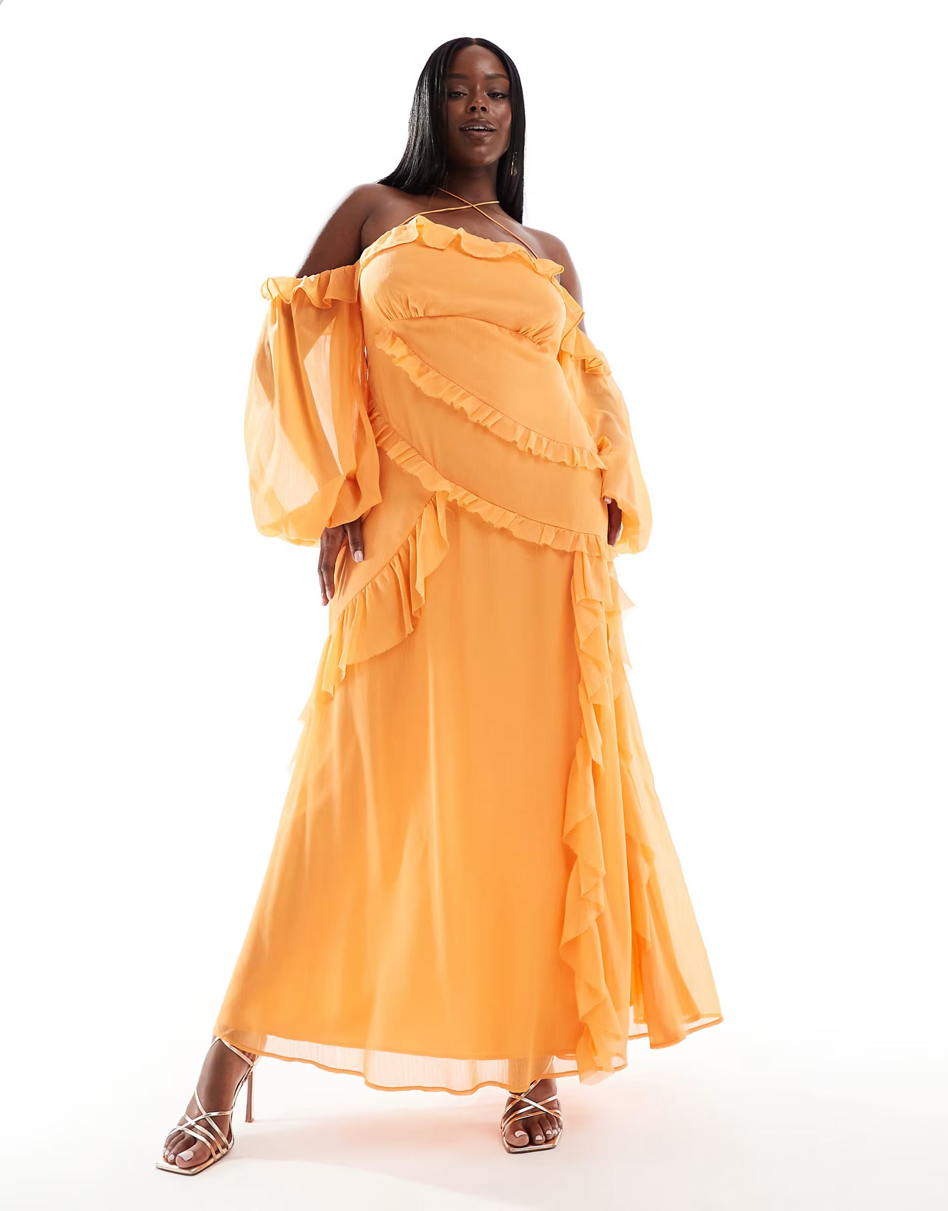 ASOS DESIGN Curve cross neck cold shoulder maxi dress with ruffles in orange | ASOS (Global)