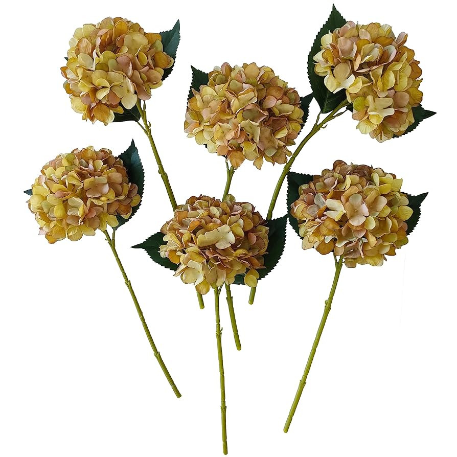 Hydrangea Artificial Flowers,6 Pcs Faux Hydrangea Flowers,Artificial OchreYellow Hydrangeas Flowe... | Amazon (US)