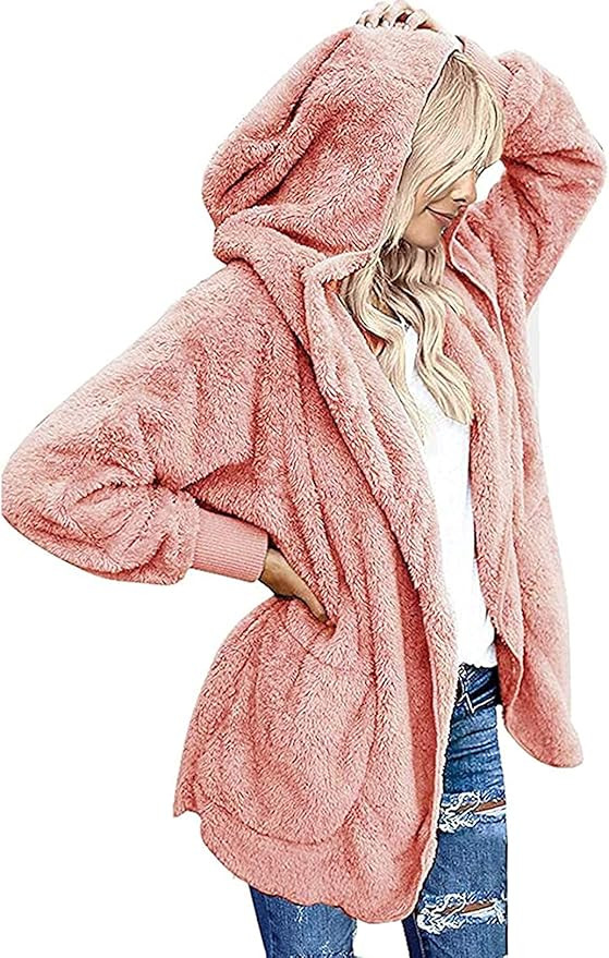 Fasumava Womens Fuzzy Fleece Jacket Solid Open Front Hooded Cardigan Coats Outwear with Pockets | Amazon (US)