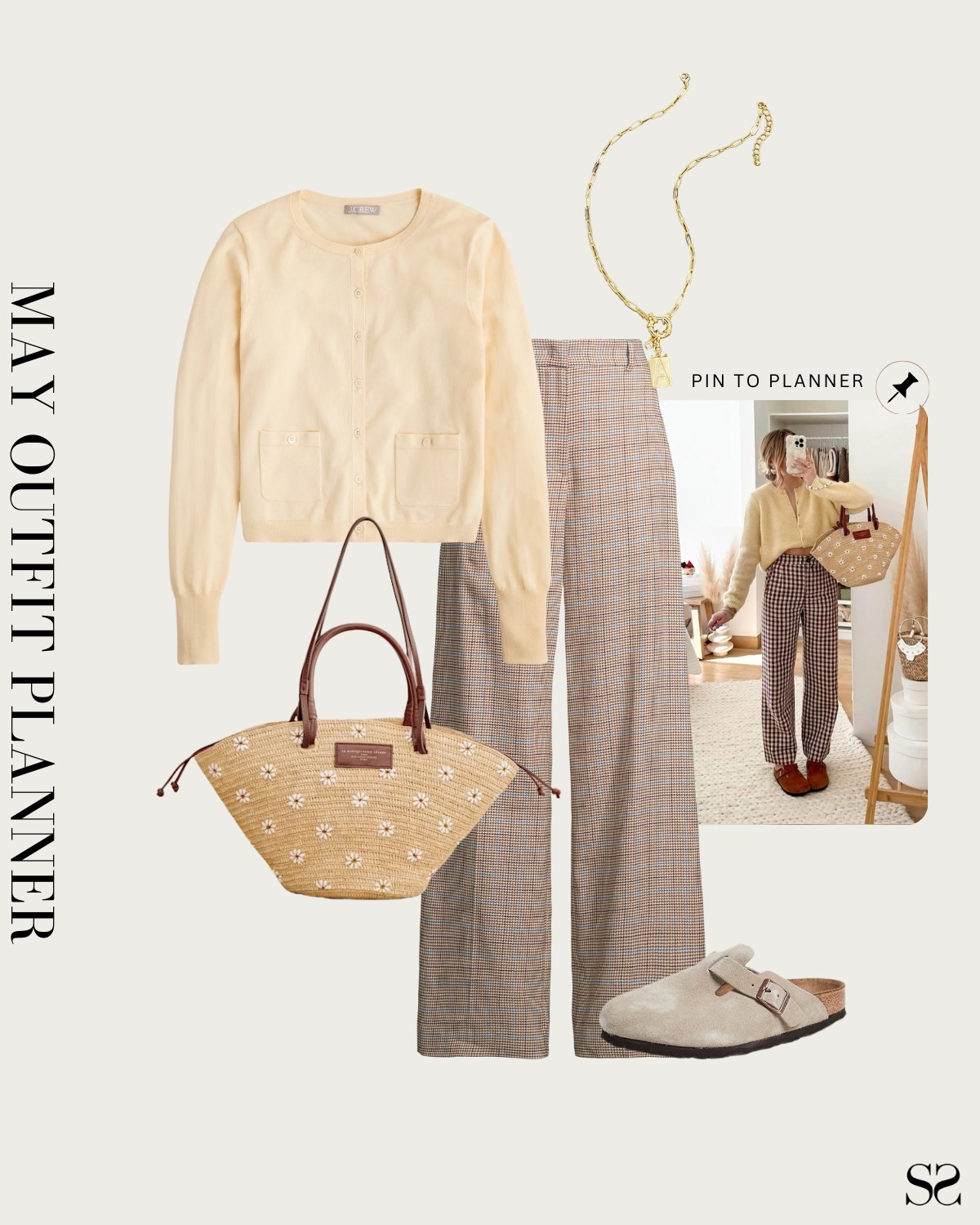 Monthly outfit planner MAY: Spring  looks, pin to planner outfit inspo | check print plaid trousers, butter yellow cardigan, Birkenstocks, floral printed straw tote 

#springoutfit #casualoutfit  

Image credit: Pinterest


#LTKStyleTip
