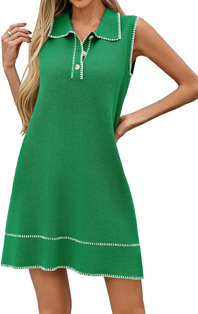 Wenrine Womens Sleeveless Mini Dress Casual Collared V Neck Contrast Stitch Loose Summer Knit Tan... | Amazon (US)