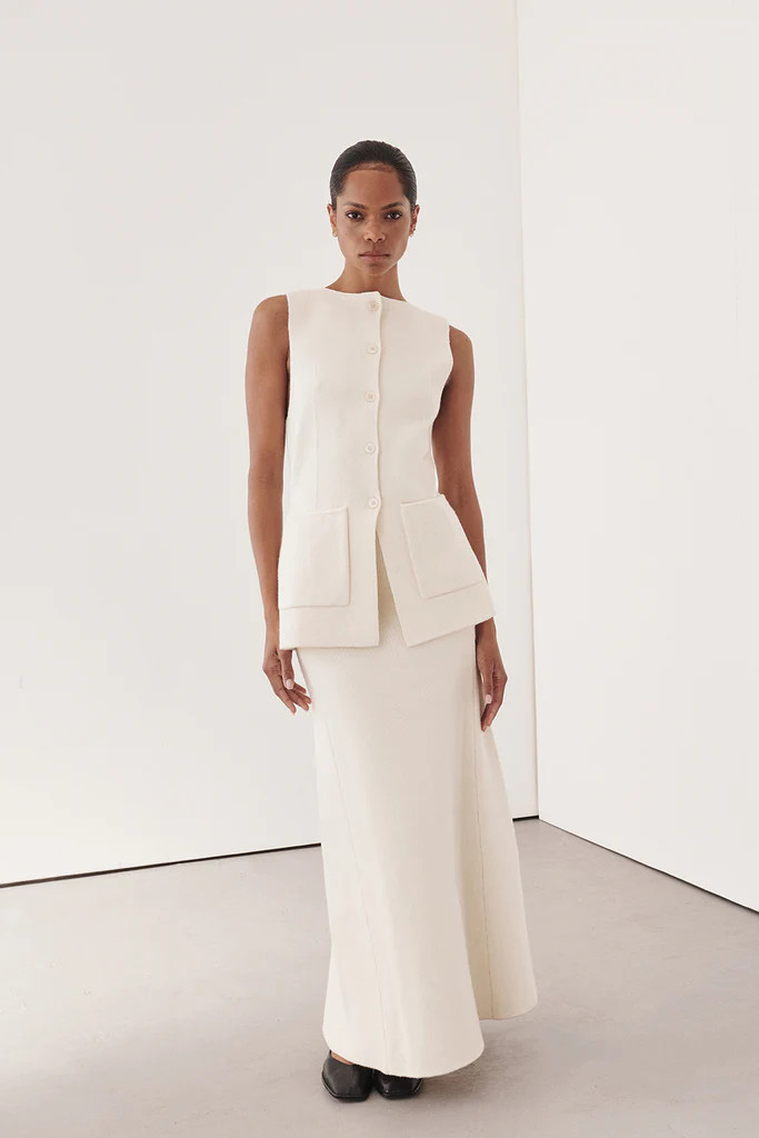 AVA CREAM LONGLINE KNIT MIDI SKIRT | DISSH