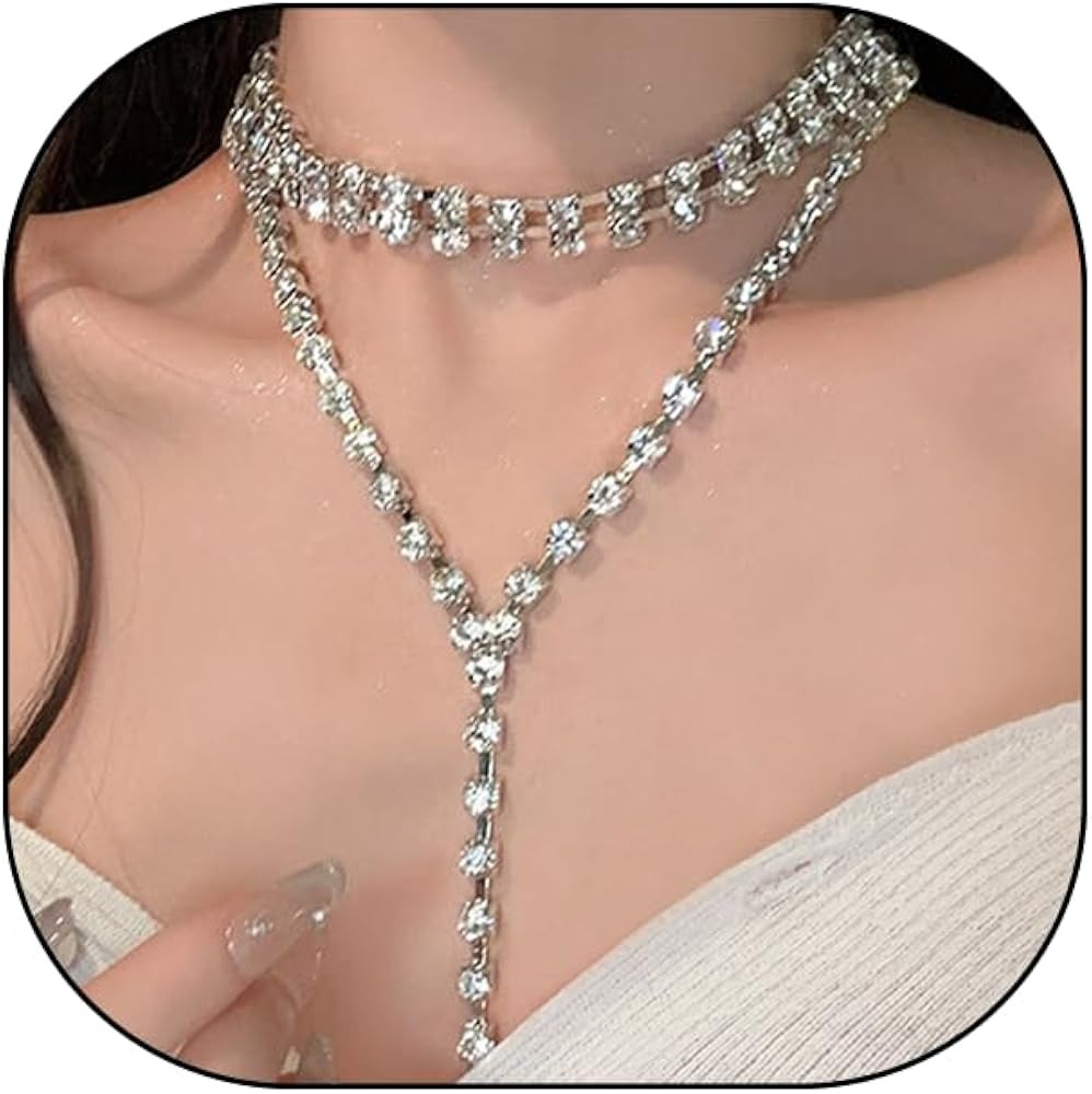 FUTIMELY Chunky Cubic Zirconia Layered Long Y Necklace,Glittering Square Rhinestone Lariat Neckla... | Amazon (US)