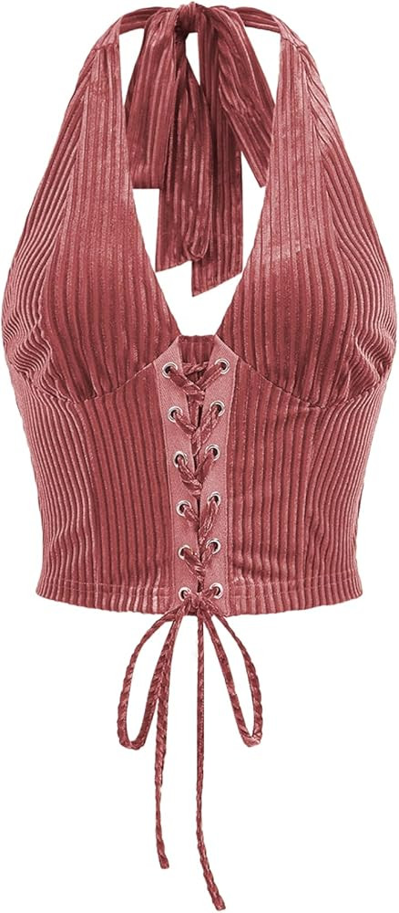 Verdusa Women's Sleeveless Halter Neck Lace Up Front Tie Back Crop Top | Amazon (US)