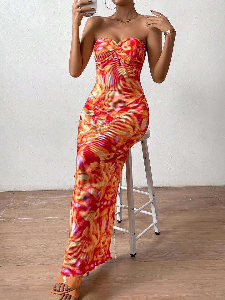 SHEIN Privé Allover Print Twist Front Tube Dress | SHEIN