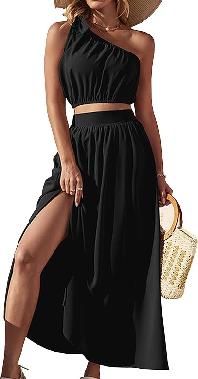 AOVDE Women's Two Piece Outfits Summer Dresses Boho One Shoulder Tube Tops Elastic Waist A Line M... | Amazon (US)