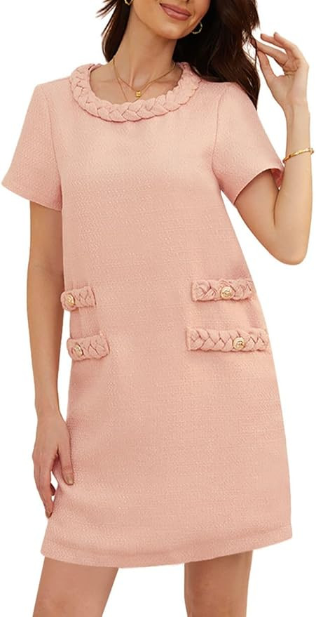 yoeasy Women's Short Sleeve Crew Neck Tweed Dress A-line Button Part Elegant Mini Dresses | Amazon (US)