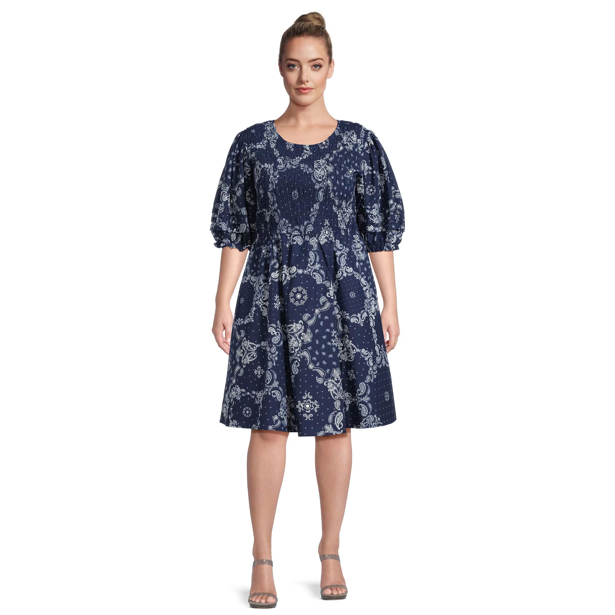 Terra & Sky Women's Plus Smocked Dress with Puff Sleeves - Walmart.com | Walmart (US)