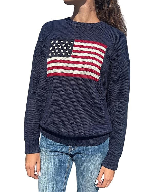Adoeren Women American Flag Sweater Vintage Long Sleeve Crewneck Knitted Jumper Oversized Aesthet... | Amazon (US)
