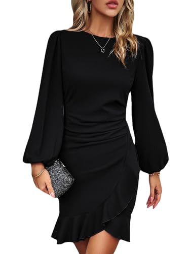 Spicy Sandia Women Ruched Bodycon Cocktail Formal Mini Dress Elegant Ruffled Lantern Sleeve Busin... | Amazon (US)