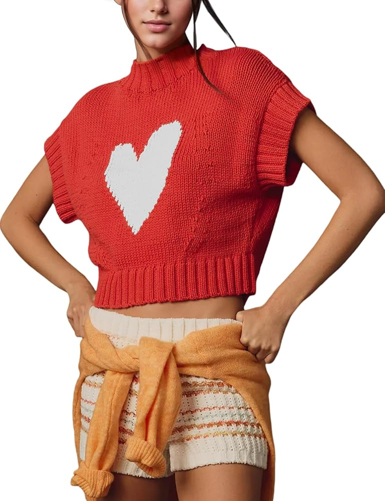Womens Sweater Vest Mock Neck Cap Sleeve Sweater Tank Tops Cute Heart Knit Cropped Pullover Top | Amazon (US)