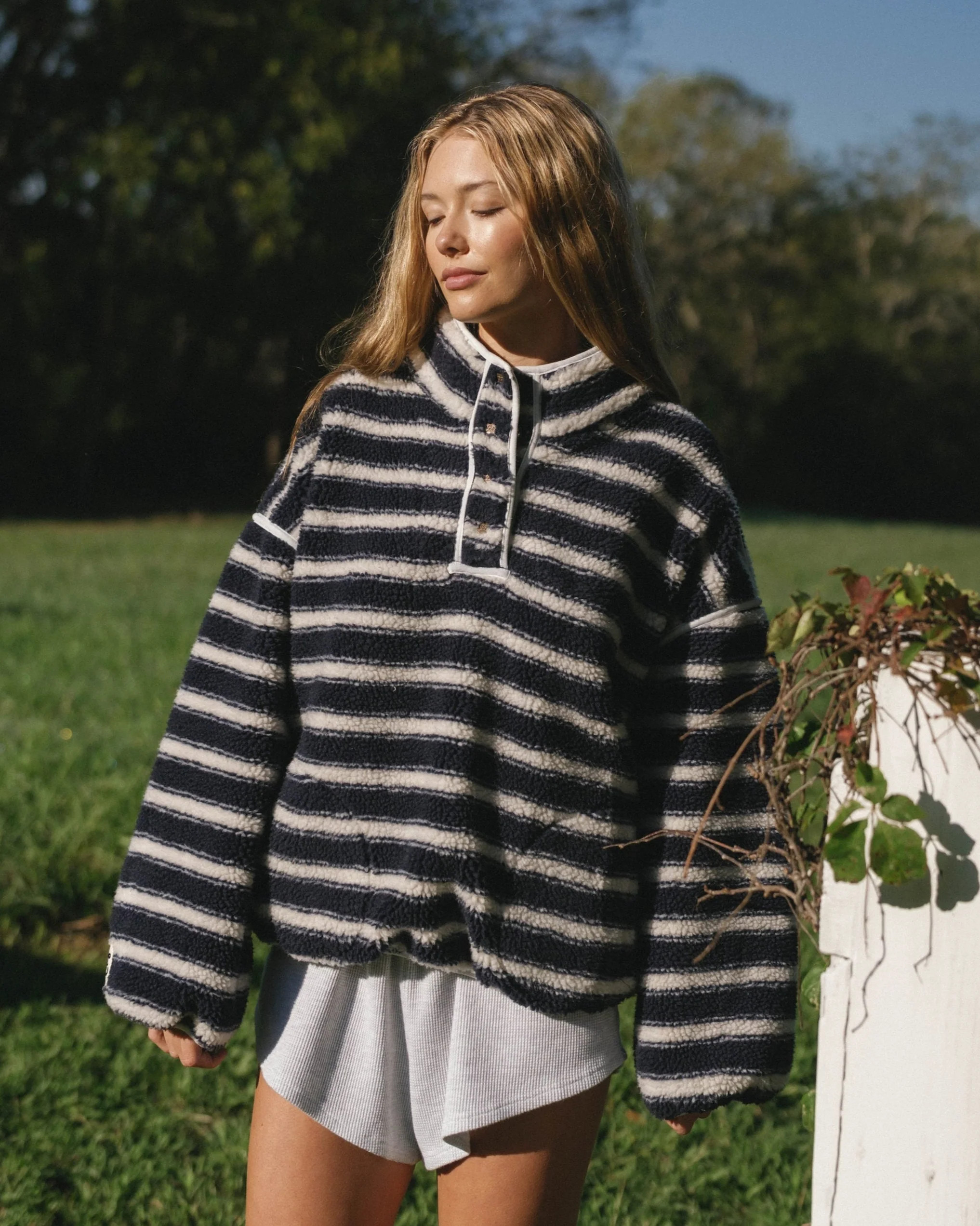 Striped Fleece Pullover in Navy and White Stripe | Eleven Eleven